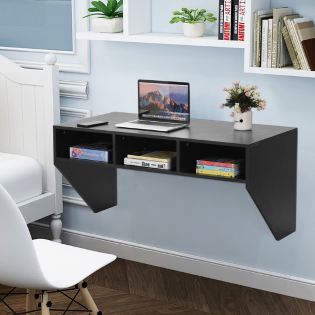 Wall Mounted Floating Sturdy Computer Table with Storage Shelf and Three Compartments Below Desk